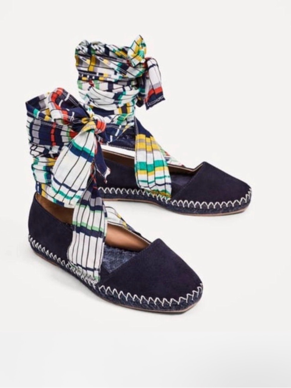 Zara Women's Navy Espadrille Wrap Flats with Multicolor Scarf Ties New Size 36